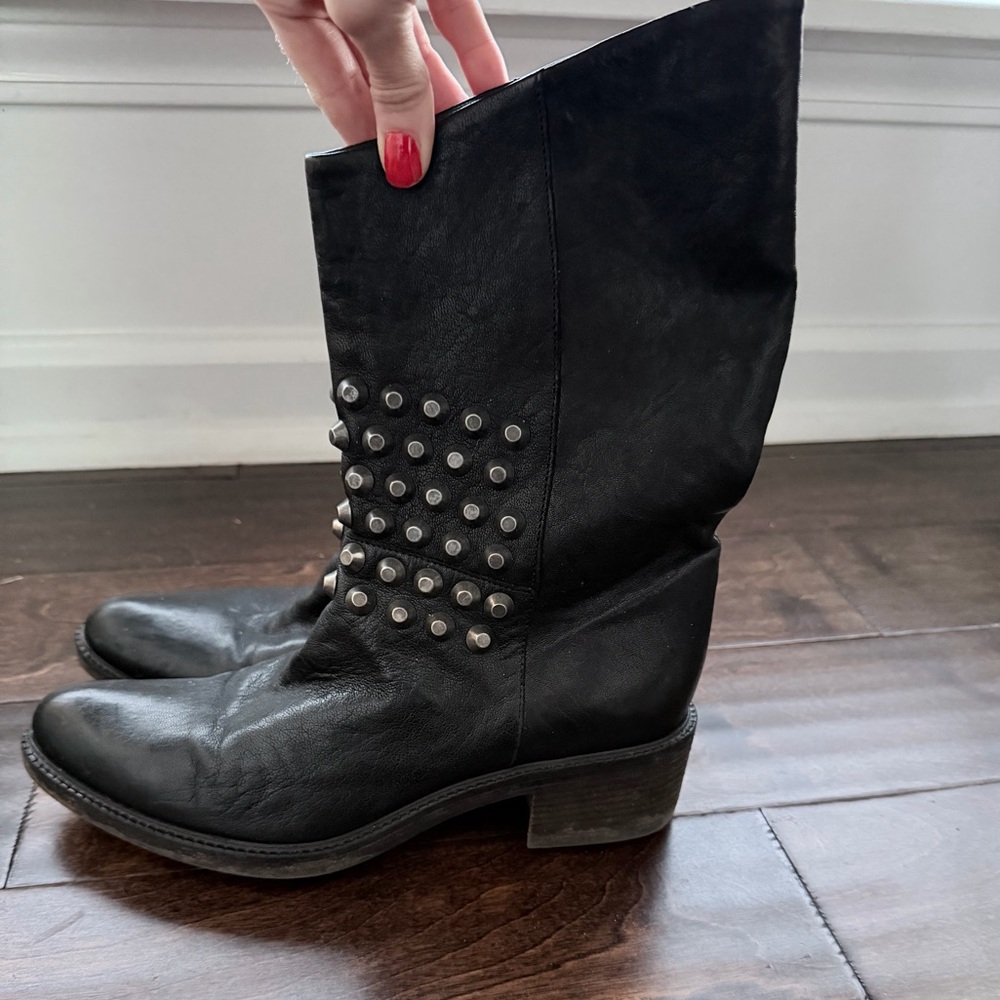 Vic Matie Black Studded Leather Mid-Calf Heeled Boots